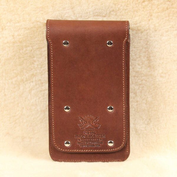 no60 vintage brown large leather phone holster and product stamp
