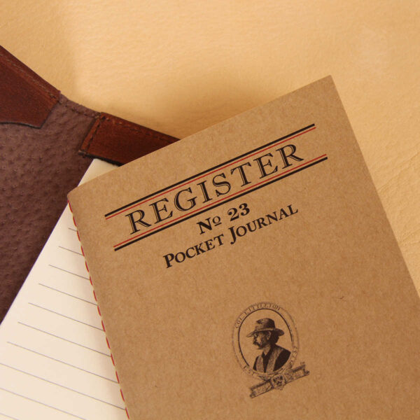 Pocket journal brown leather register notebook cover.