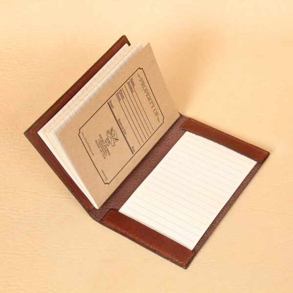 Pocket Journal brown leather open inside register notebook back and ruled notecards.