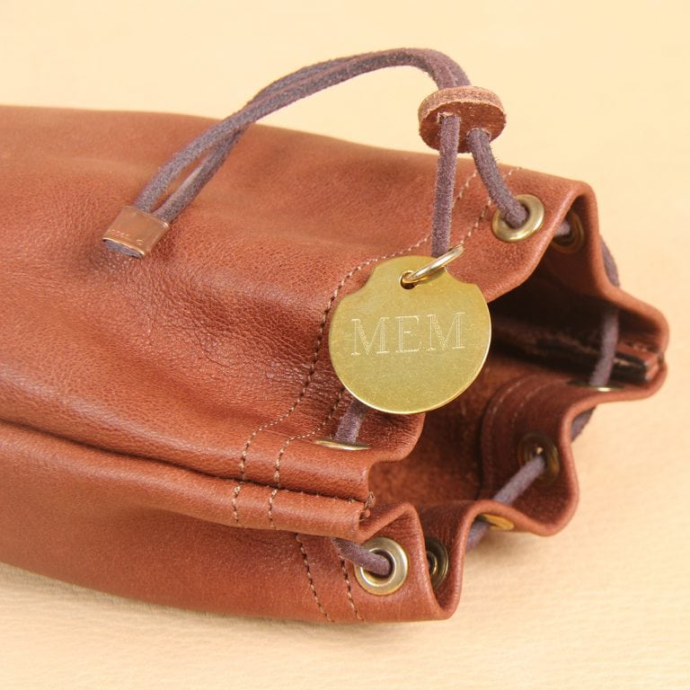 no3 large leather vintage brown possibles drawstring bag with personalized brass tag