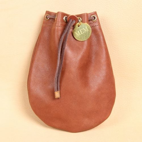 no2 medium leather vintage brown possibles drawstring bag with personalized brass tag
