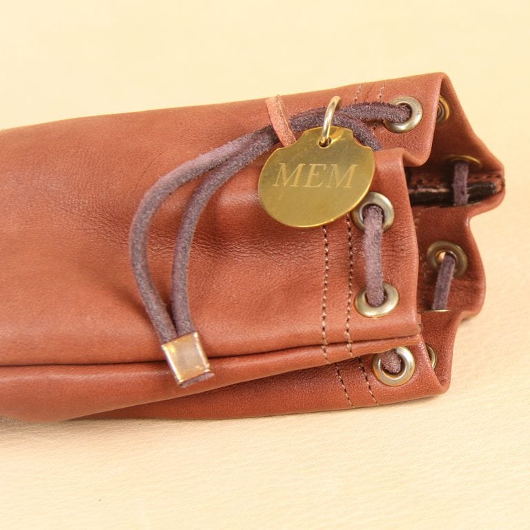 no2 medium leather vintage brown possibles drawstring bag with personalized brass tag