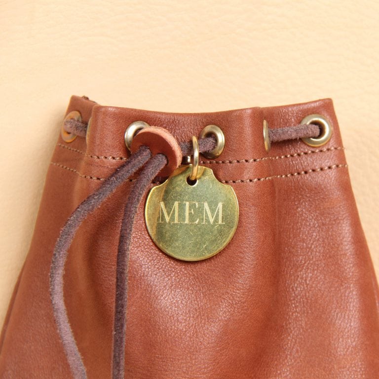 no2 medium leather vintage brown possibles drawstring bag with personalized brass tag