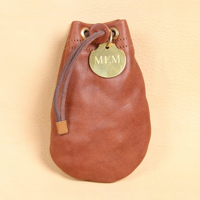no1 small vintage brown leather possibles drawstring bag with personalized brass tag