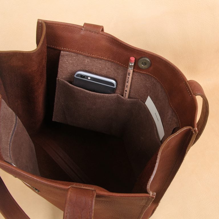 brown leather tote bag with strap
