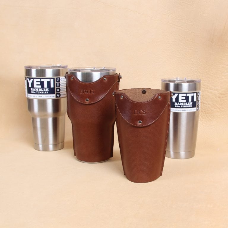 Leather tumbler sleeve for 20 and 30 ounce Yeti Rambler cups stainless steel model with brown leather sleeve.
