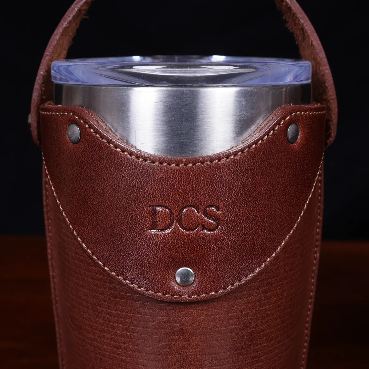 The front side of the No 20 Leather Tumbler