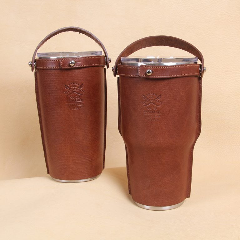 Leather tumbler sleeve for 20 and 30 ounce Yeti Rambler cups back brown sleeve Col Littleton embossed logo.
