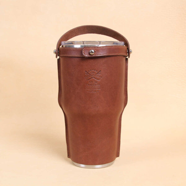 Leather tumbler sleeve for 30 ounce Yeti Rambler cup back brown leather embossed with Col Littleton logo.