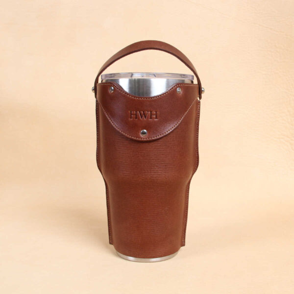 Leather tumbler sleeve for 30 ounce Yeti Rambler cup front of sleeve and cup.