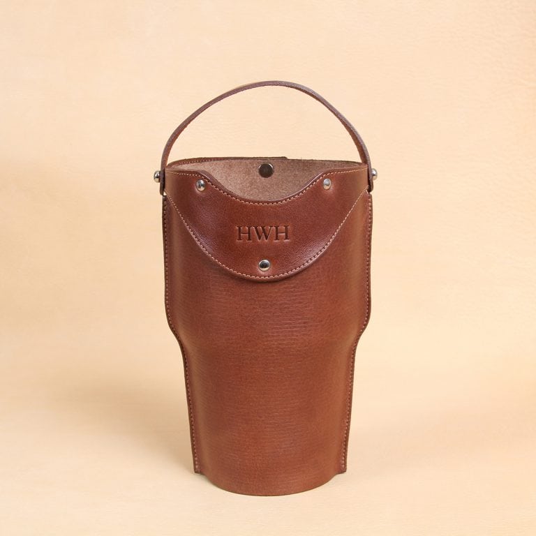 Leather tumbler sleeve for 30 ounce Yeti Rambler cup brown sleeve front only.