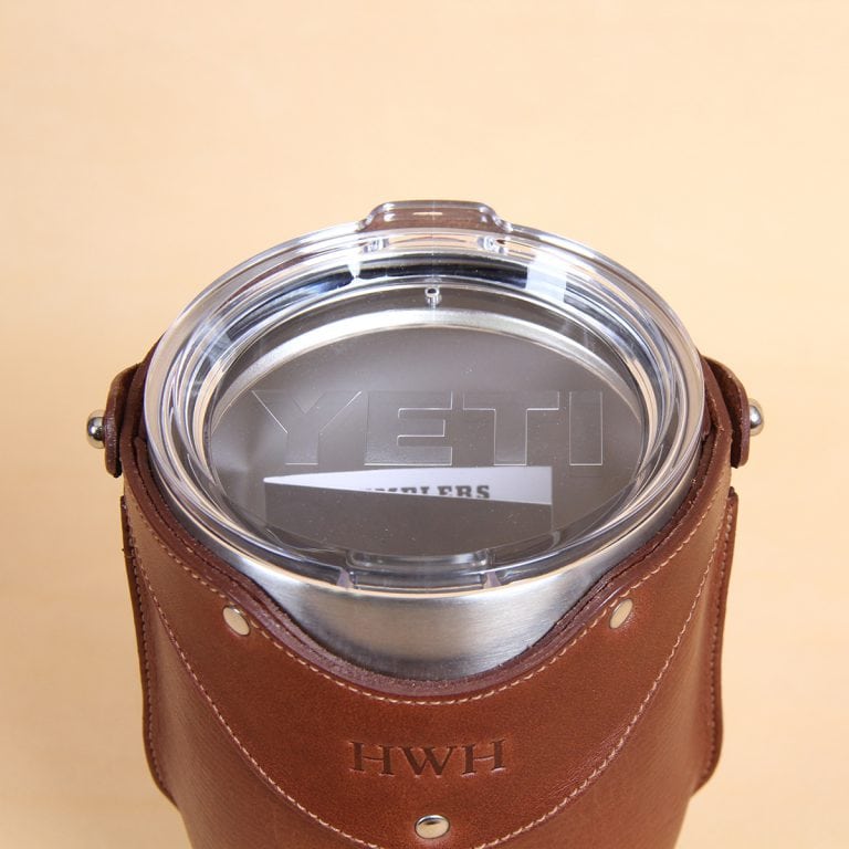 Leather tumbler sleeve for 30 ounce Yeti Rambler cup plastic Yeti lid.