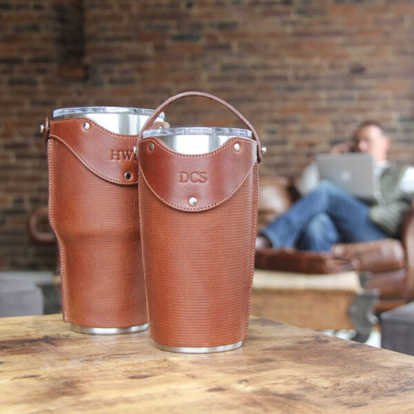 traveler leather tumbler sleeve in coffee shop