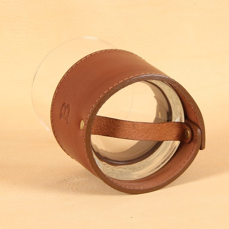brown leather glass sleeve with initial emboss