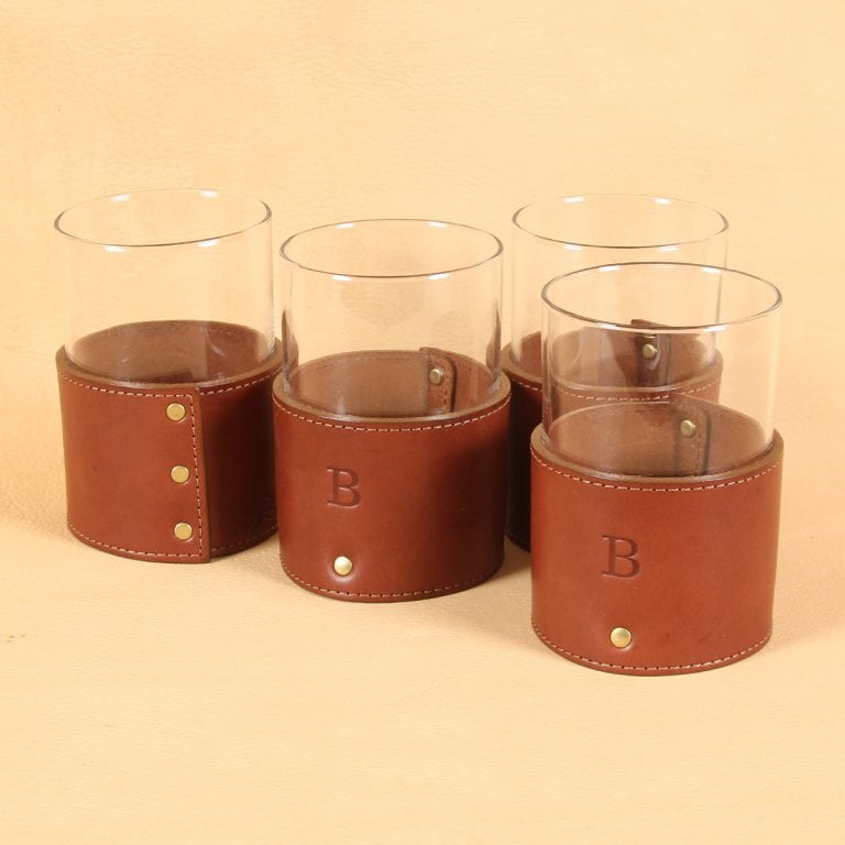 brown leather sleeve holding veranda glass