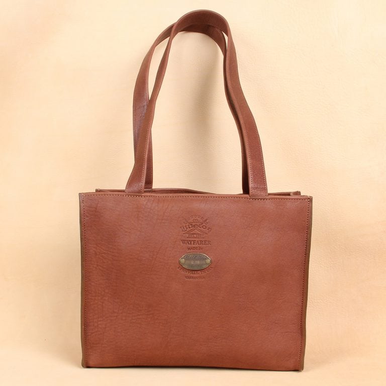wayfarer tote in vintage brown american leather with long straps