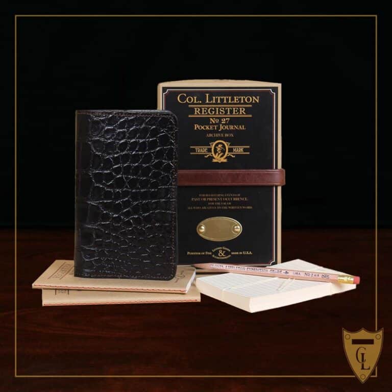 No. 27 Pocket Journal in Black American Alligator - ID 001 - front view, shown with journal register archive box, 2 journal register notebooks, a stack of cream index notecards, and a Col. Littleton wooden No. 2 pencil