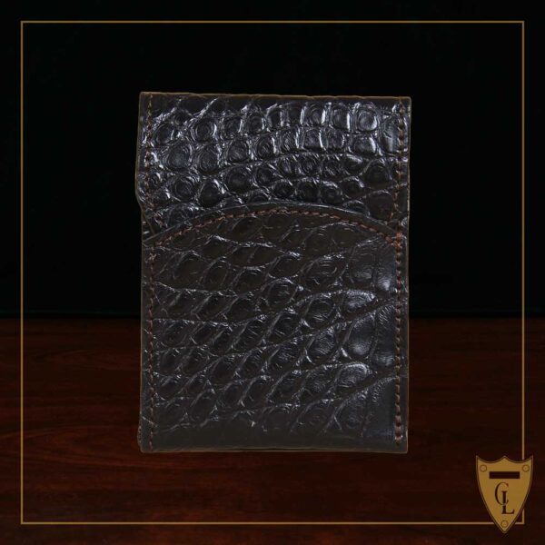 Front pocket wallet with flap in black American Alligator - ID 001 - front view cut out on a black background