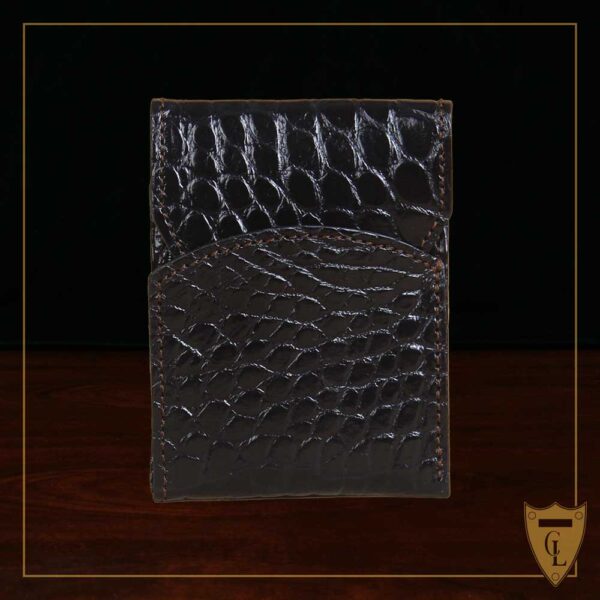 Front pocket wallet with flap in black American Alligator - ID 002 - front view cut out on a black background