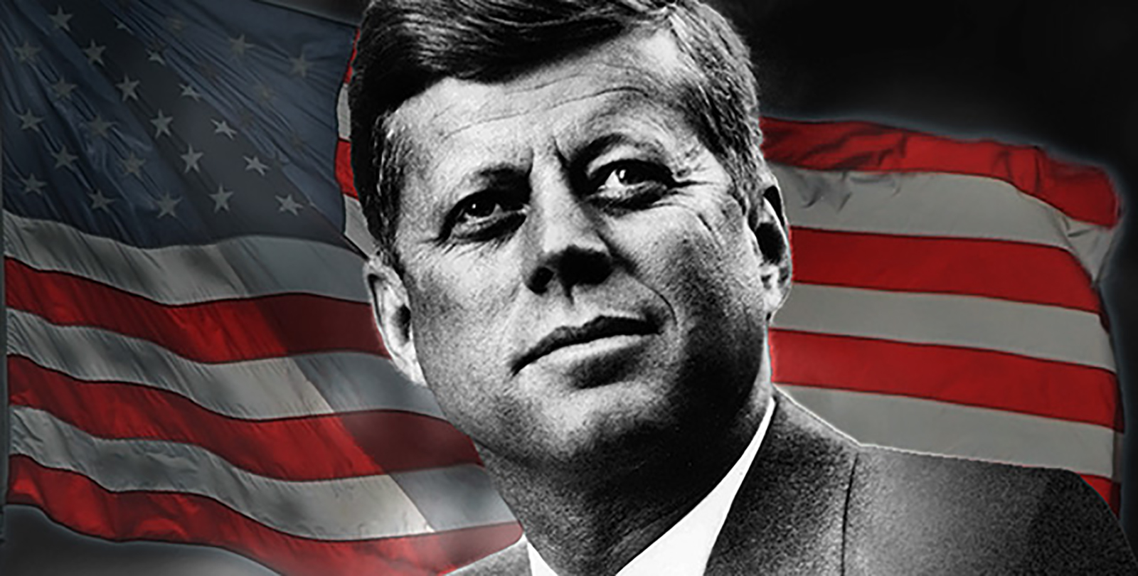 Black and white headshot of President John F. Kennedy with a colored waving American flag in the background