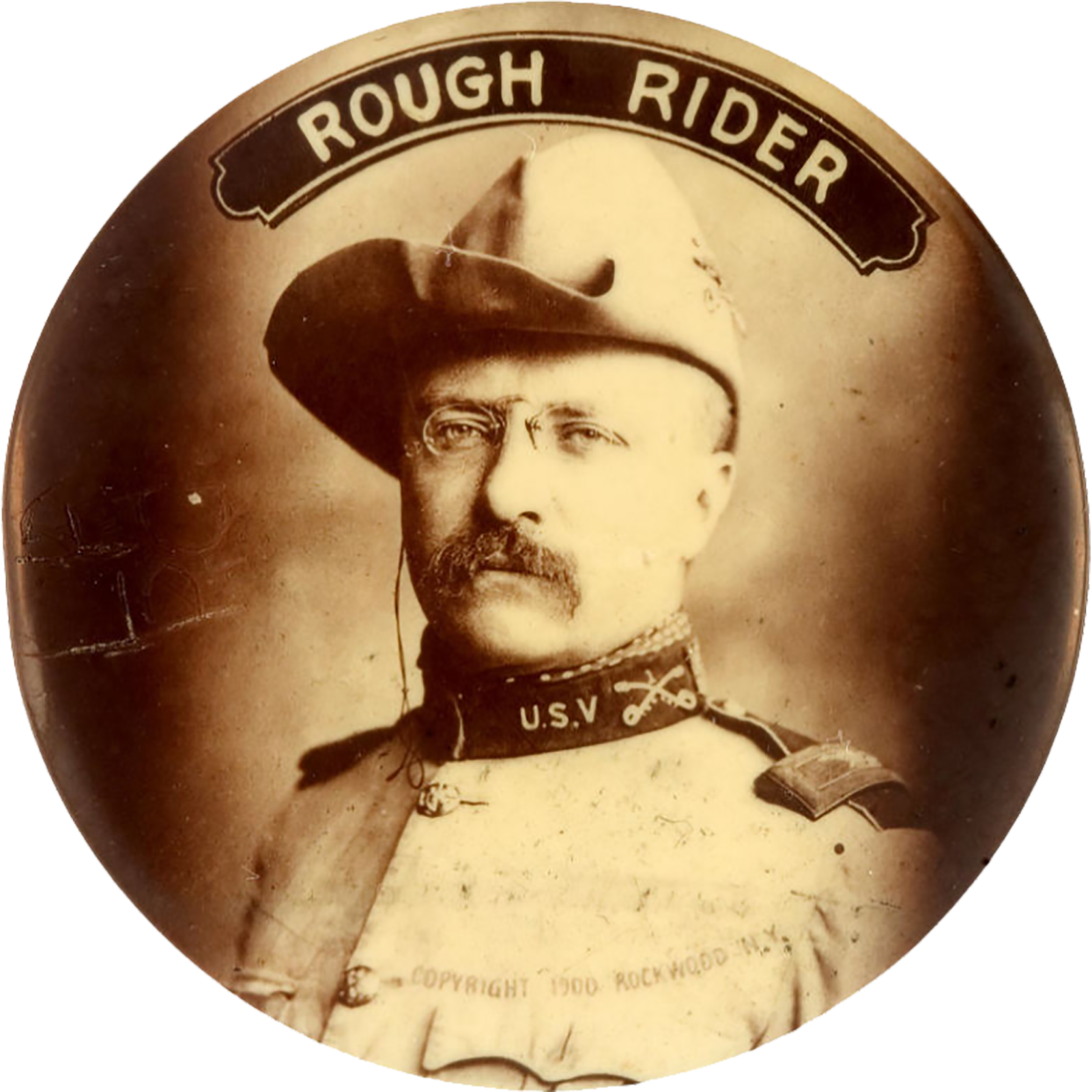 Sepia-toned round image of Rough Rider Theodore Roosevelt in a military uniform