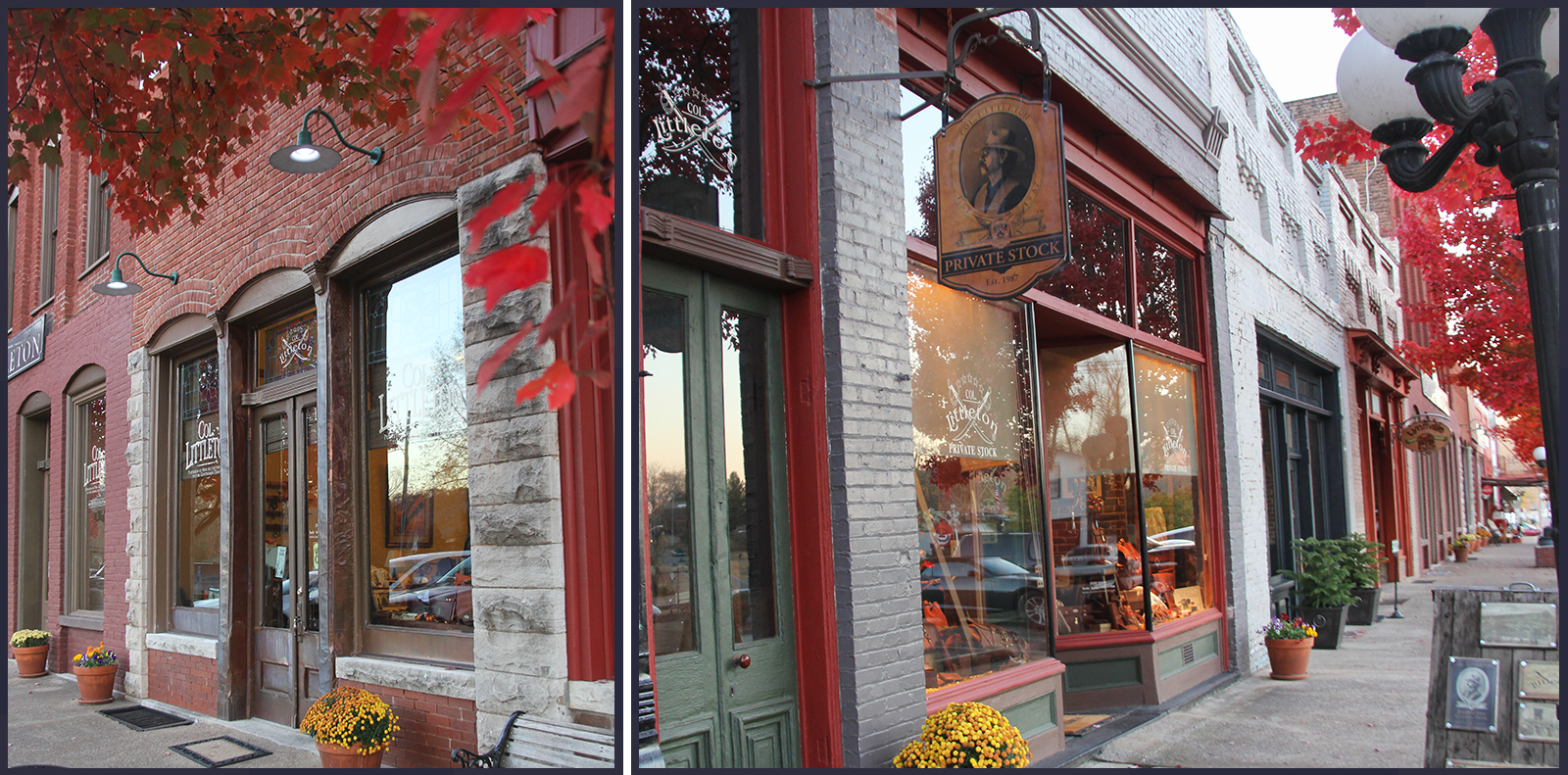 On the right is an angled image of the front door of the Colonel Littleton Retail Store and on the left is the front door of the Private Stock Store in downtown Lynnville, TN.