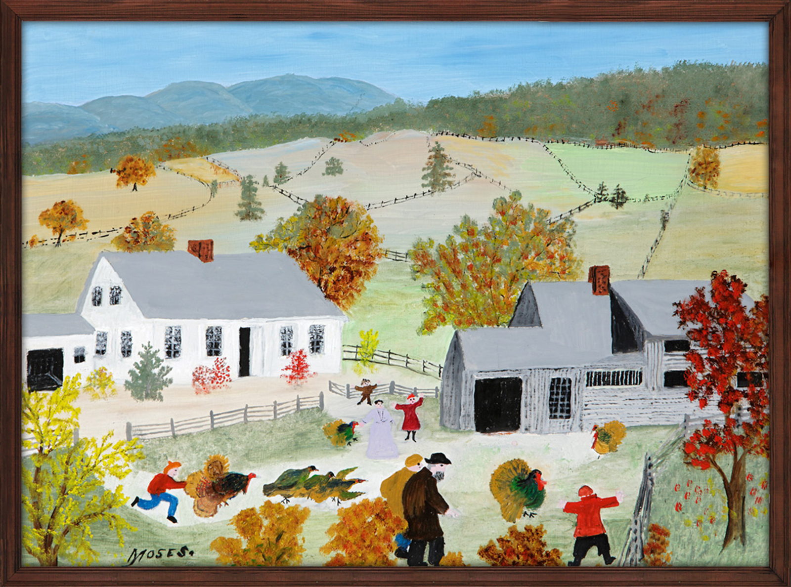 Grandma Moses painting of a farm with people chasing turkeys