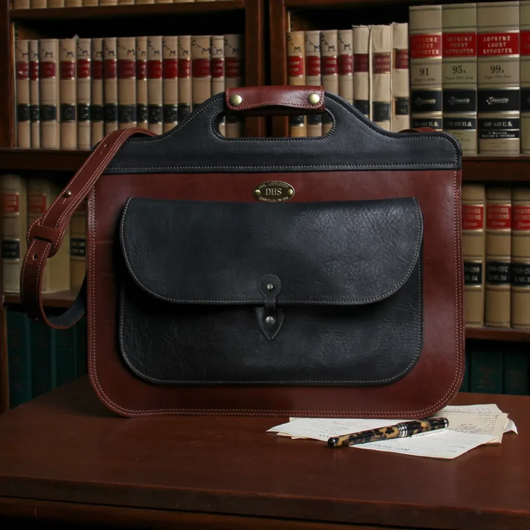 two leather No. 50 Woman briefcases sitting on table