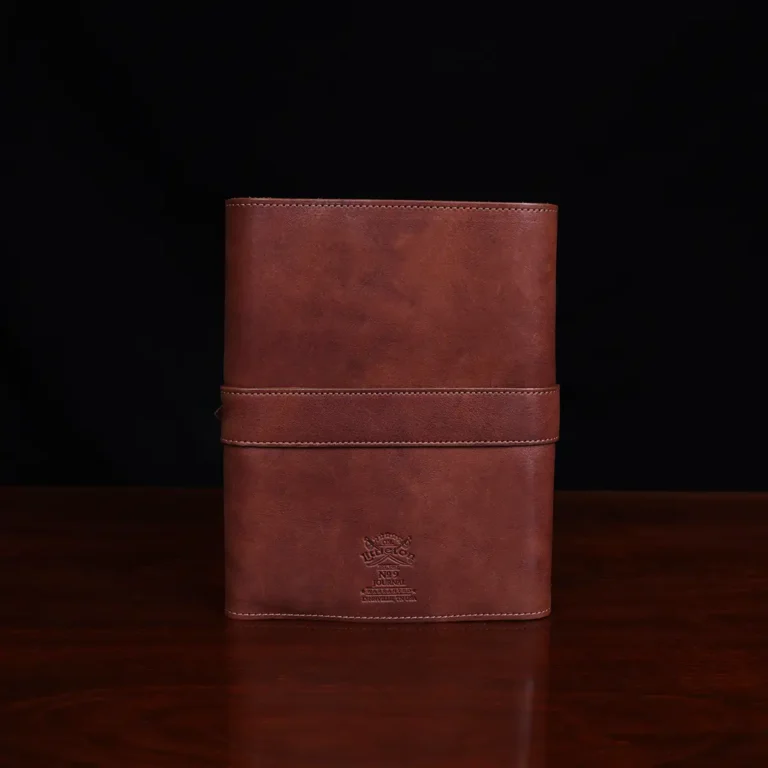 no9 brown american leather journal with notepad on wood table- back view