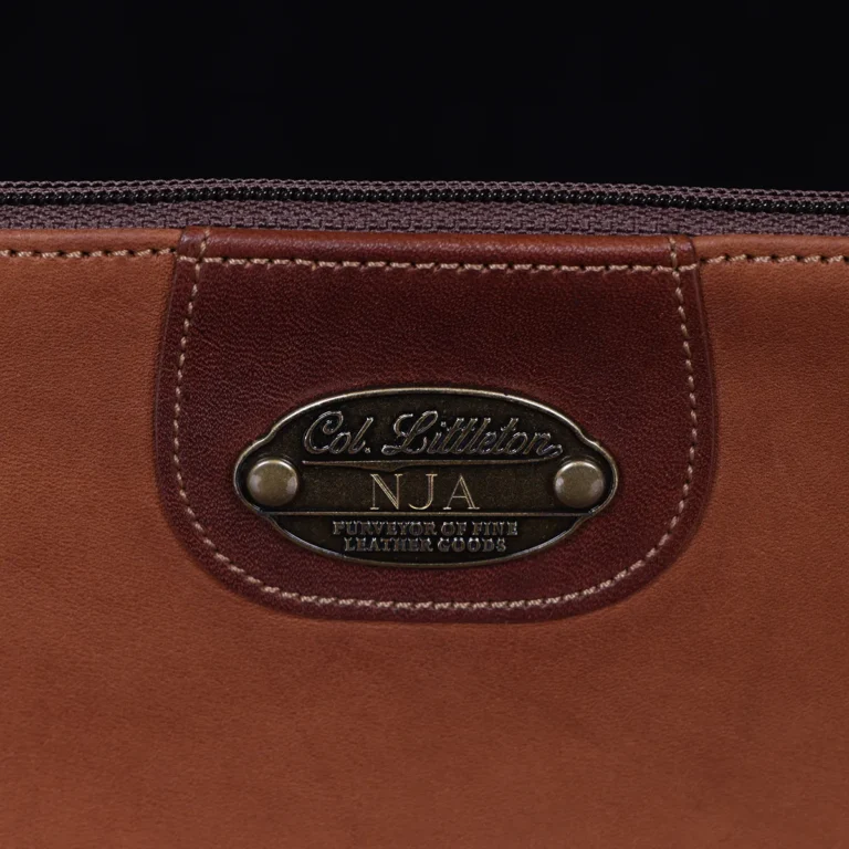 no2 medium leather brown zip it bag - close up of personalization