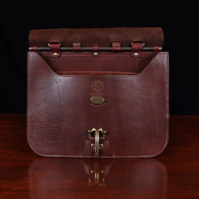 commander leather laptop briefcase on a wooden table with a dark background - open front view