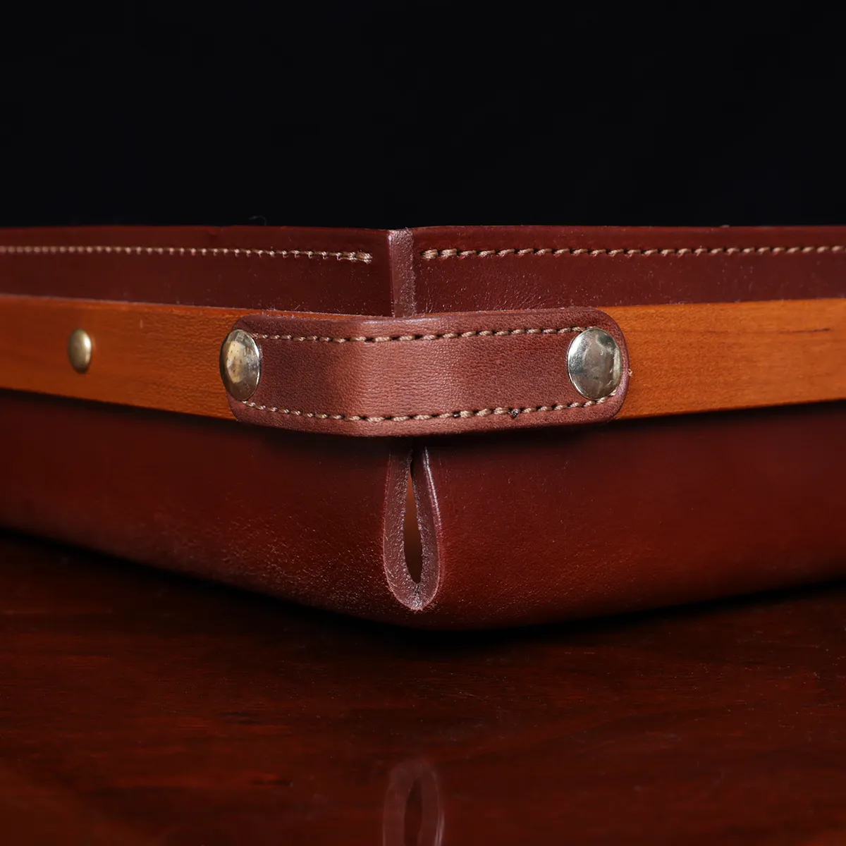 Leather Valet Tray Organizer - No. 120 - Full-Grain Brown Leather - American Cherry Wood Trim - USA Made by Col. Littleton - 10 3/4′′ x 8 1/2” x 2 1/2