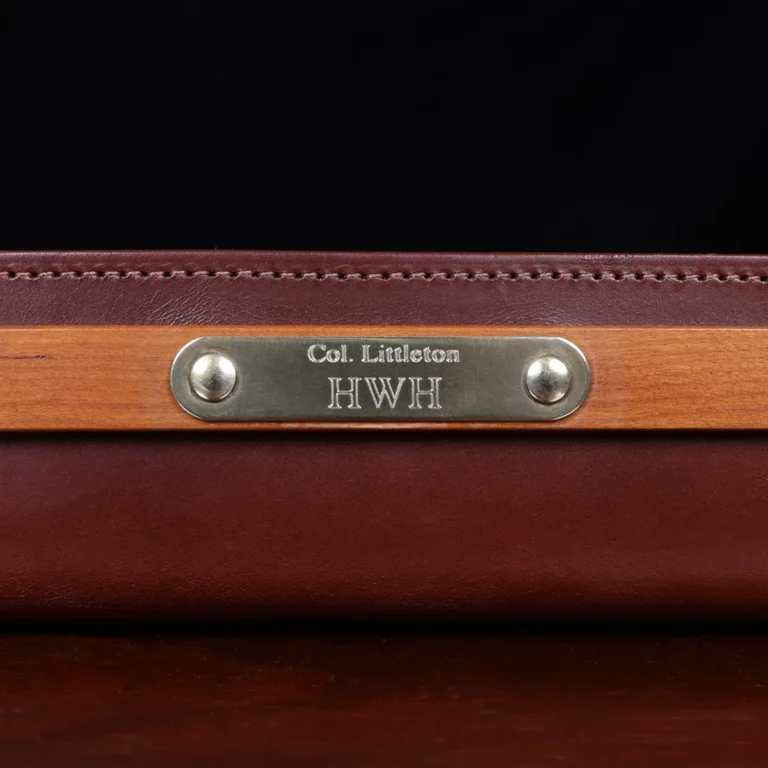 No. 120 Valet Tray on wooden table - front view of initials
