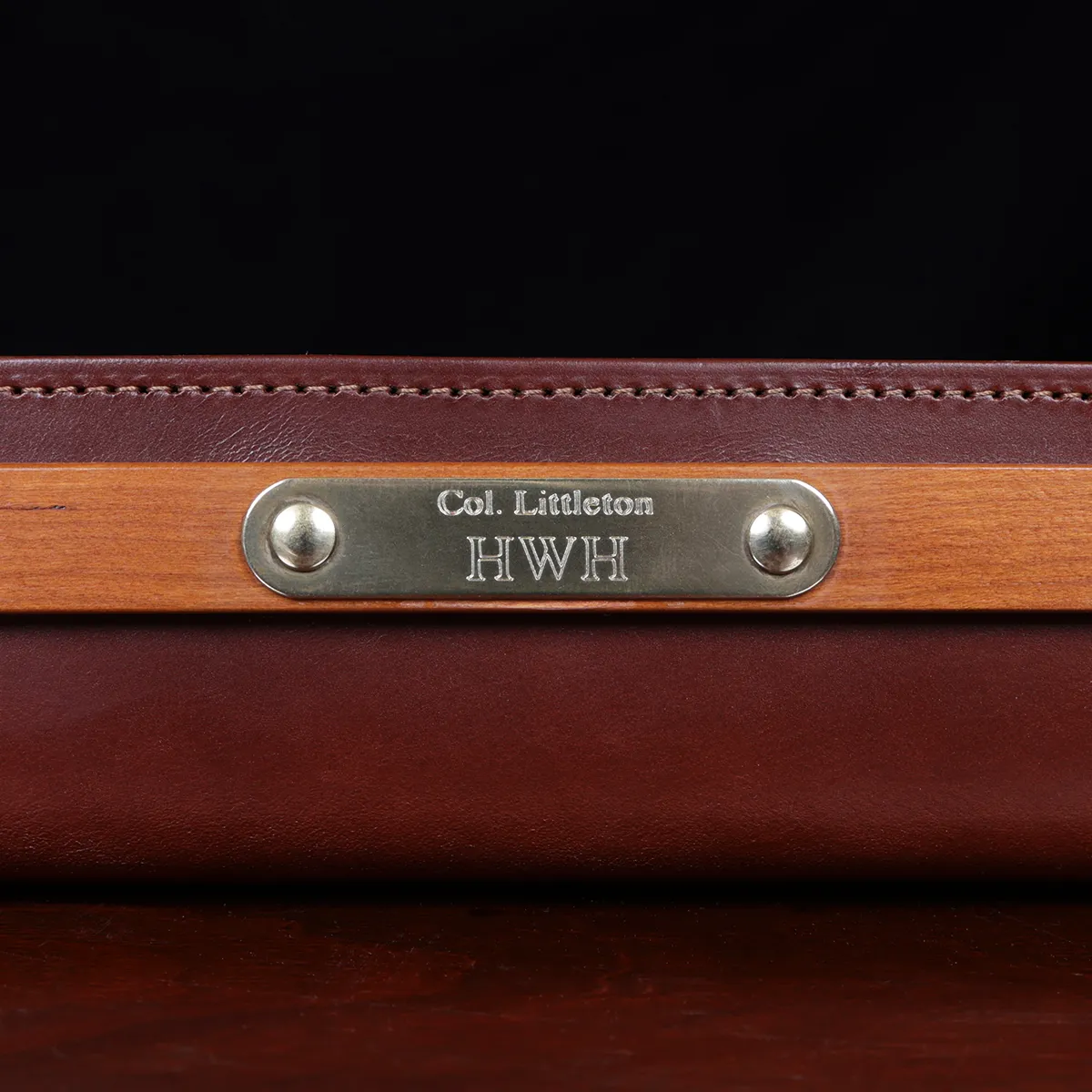 No. 120 Valet Tray on wooden table - front view of initials