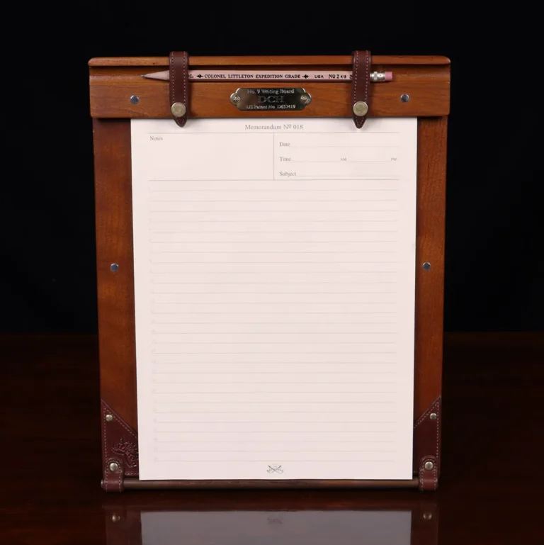 front view with paper of no9 american cherry wood writing board with leather pockets