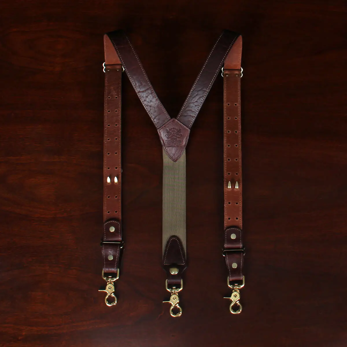 back view tobacco brown american buffalo leather suspenders