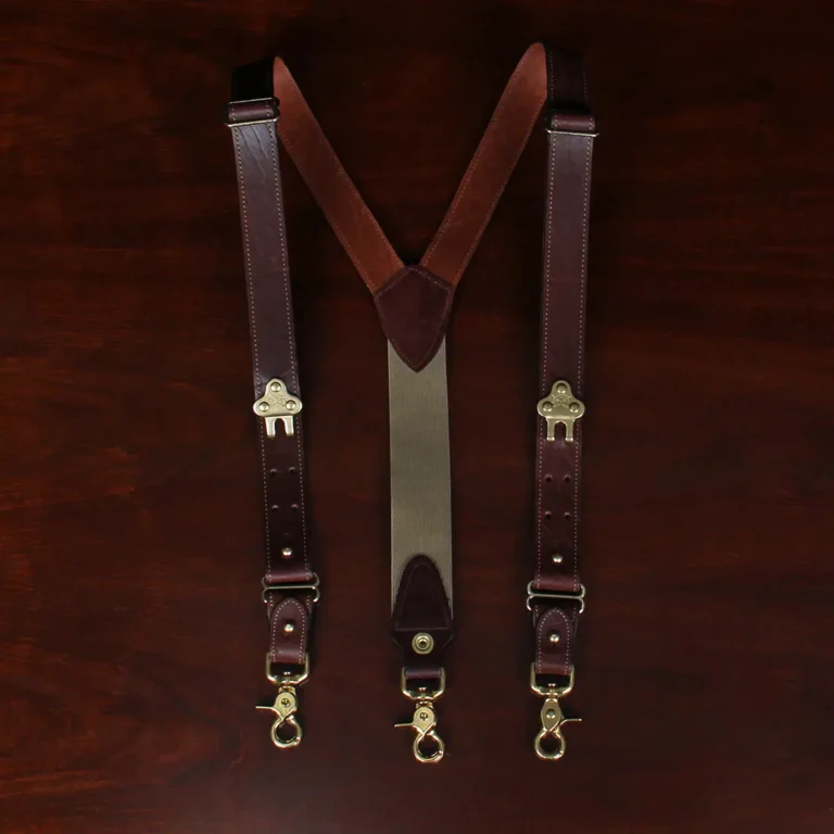 front view tobacco brown american buffalo leather suspenders