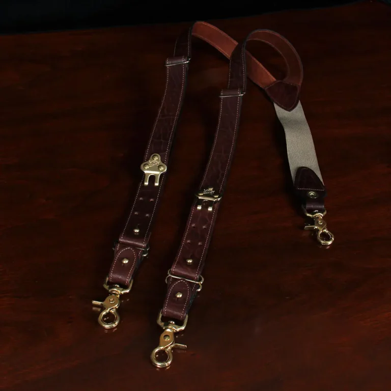 front view tobacco brown american buffalo leather suspenders