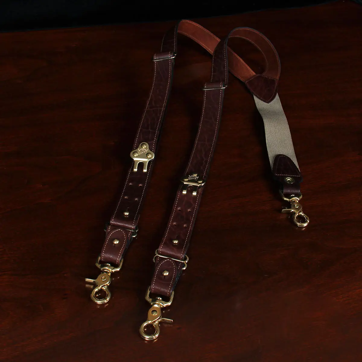 front view tobacco brown american buffalo leather suspenders
