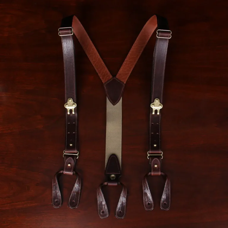 front view tobacco brown american buffalo leather suspenders