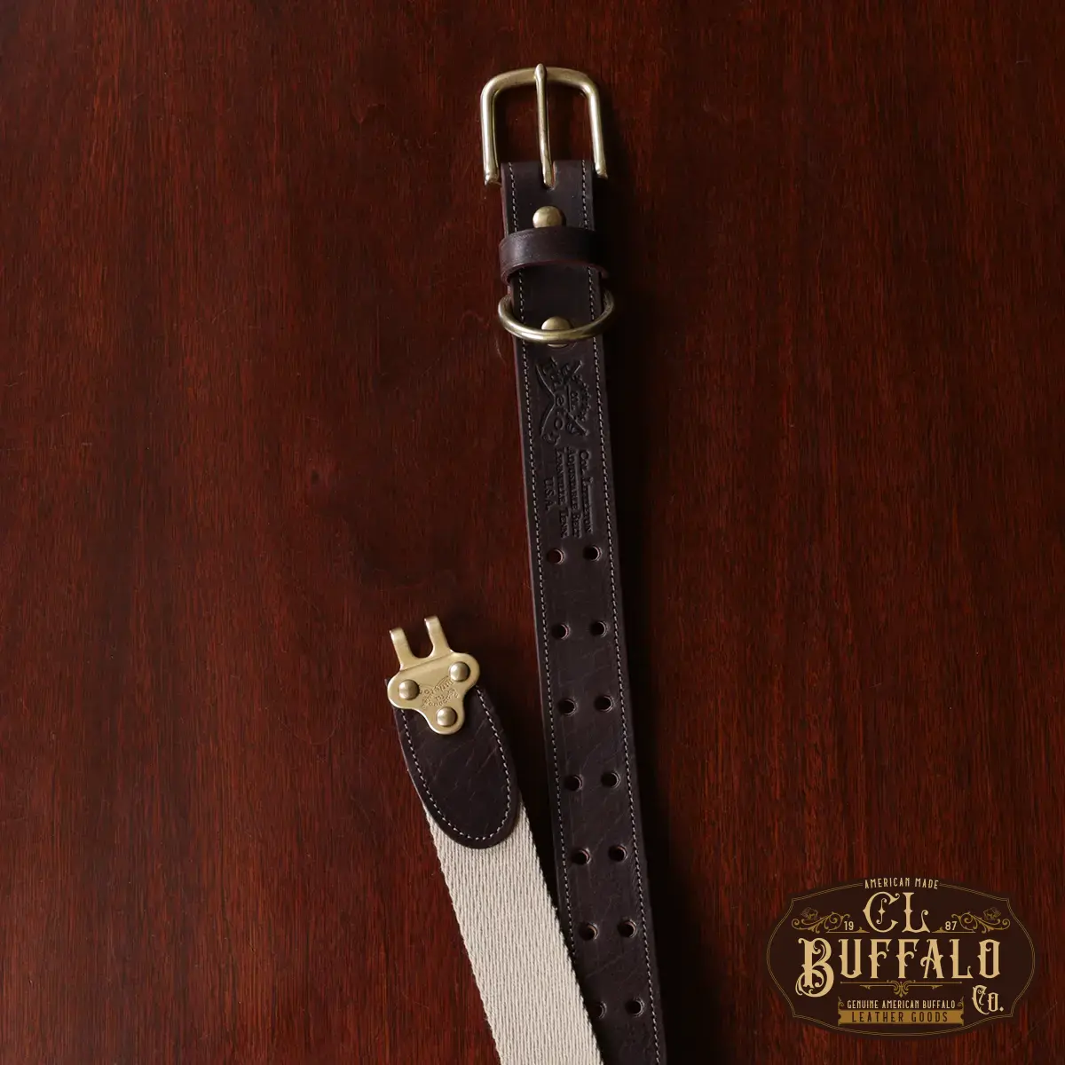 No 1 Surcingle Belt in Tobacco Brown American Buffalo buckle view