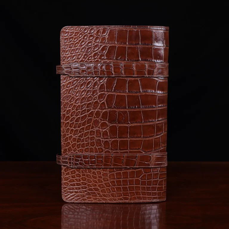 No.18 legal portfolio in alligator back view - id 001- on wooden table with black background