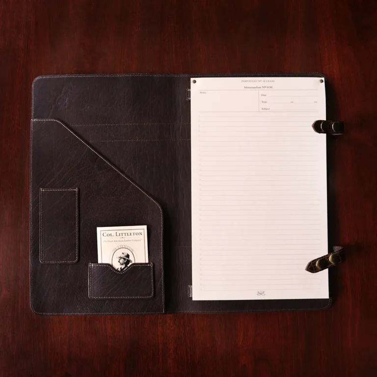 No.18 legal portfolio in alligator - open view - id 001- on wooden table with black background