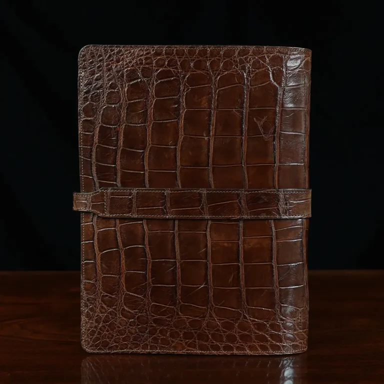 No. 18 Portfolio in Vintage Brown American Alligator - ID 001 - back view on black background