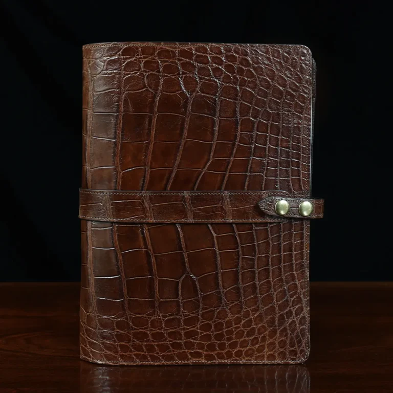 No. 18 Portfolio in Vintage Brown American Alligator - ID 001 - front view on black background
