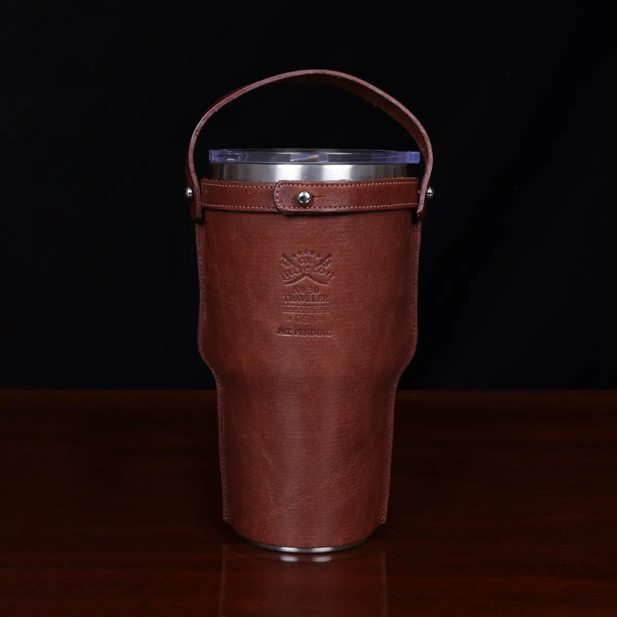 The back side of the No 30 Leather Tumbler