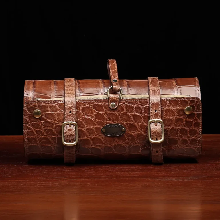 CL - No. 2 Shave Dopp Kit in Vintage Brown American Alligator with No. 8 Khaki Cotton Canvas Lining - Serial Number 001 - front view