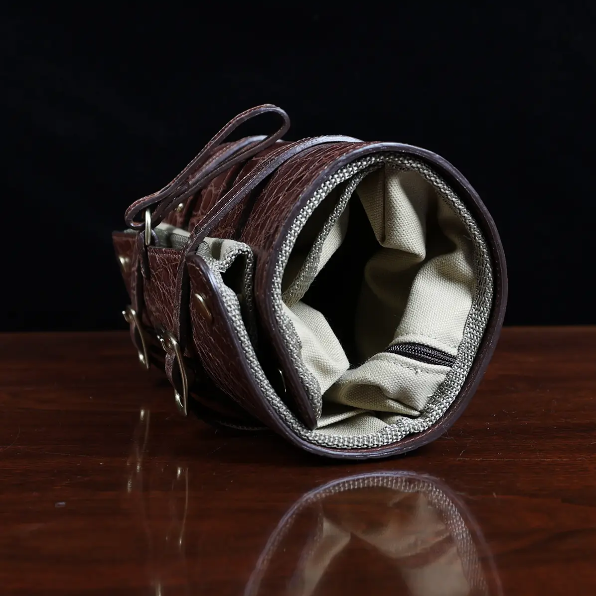 View larger image of CL - No. 2 Shave Dopp Kit in Vintage Brown American Alligator with No. 8 Khaki Cotton Canvas Lining - Serial Number 001 - rolled view
