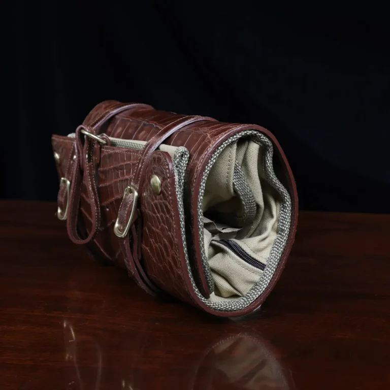 side view of the american alligator leather shave kit