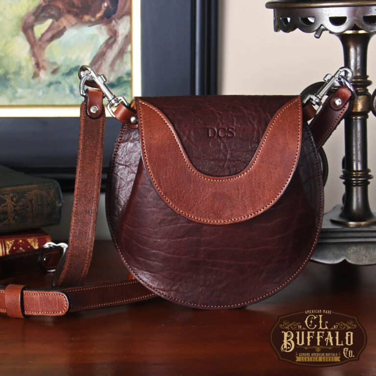 Bitsy Belt Bag in dark Tobacco Brown American Buffalo on a table top